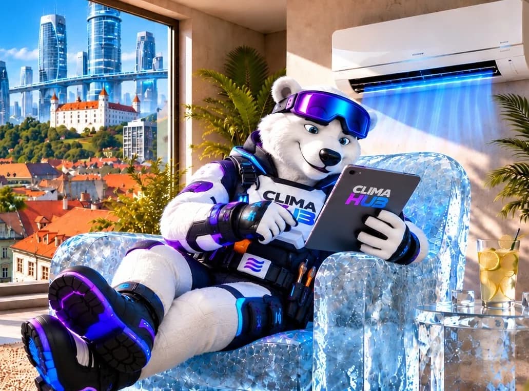 Maskot ClimaHub, ľadový medveď Klimo, oddychuje pri klimatizácii s tabletom a výhľadom na Bratislavu